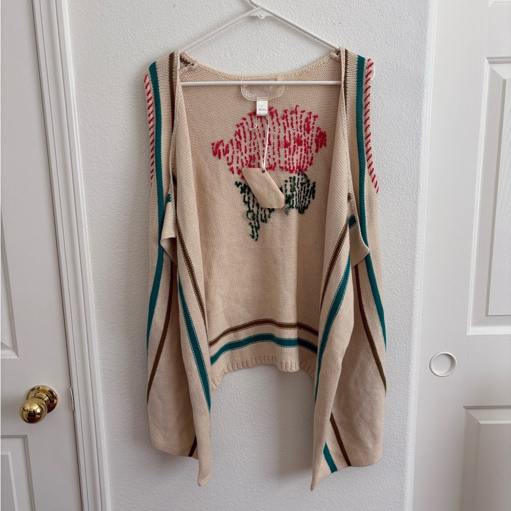 Nick & Mo Beige Open-Front Poncho Shrug with Teal & Pink Floral Detail